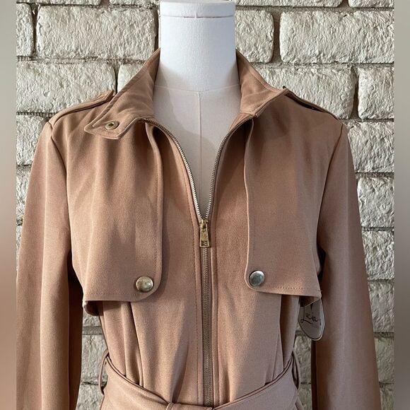 Love Tree Tan Long Sleeve Trench Coat Style Dress. Size Large - Picture 3 of 8